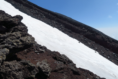 夏道の横には雪渓が横たわってい...